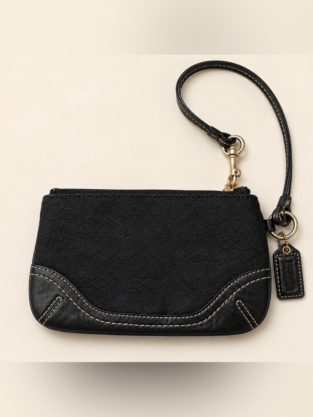 Coach Dark Brown Signature Wristlet Clutch with Leather Trim